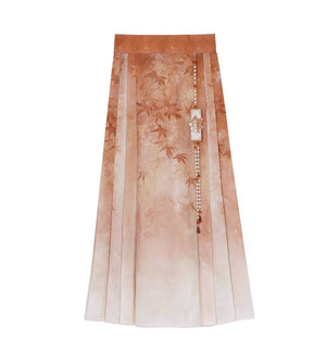 Three-pleated skirt with maple leaf gradient print, designed for the Maple Leaf Hanfu Women's spring collection.