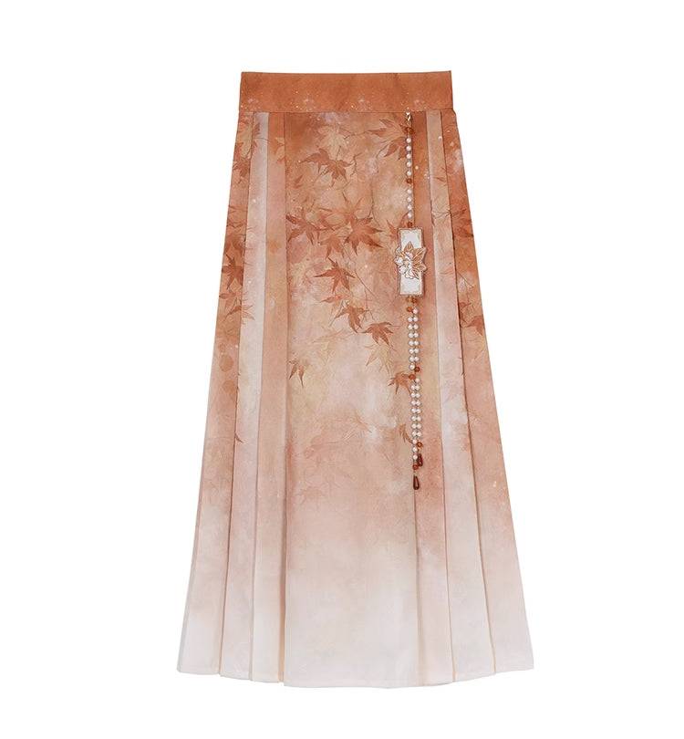 Three-pleated skirt with maple leaf gradient print, designed for the Maple Leaf Hanfu Women's spring collection.
