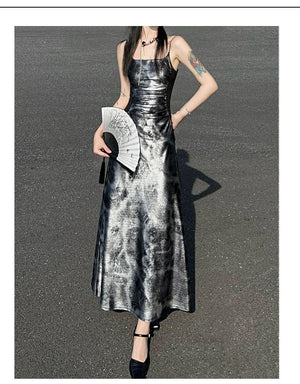Glossy gray and silver new Chinese atmosphere Spice girl suspender dress Hot silver temperament long dress women - Yandan_Hanfu