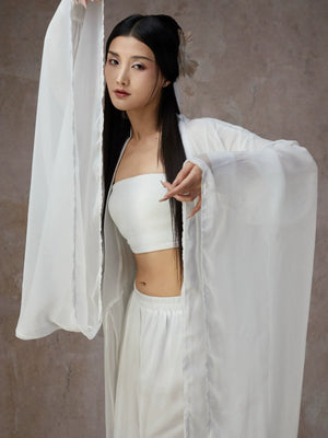 Graceful White Wide-Sleeve Chiffon Hanfu – Classical & Jazz Fusion Dance Dress - Yandan_Hanfu
