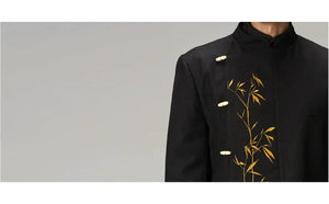 Golden Bamboo Embroidered Mandarin Blazer – Black New Chinese Unisex Jacket - Yandan_Hanfu