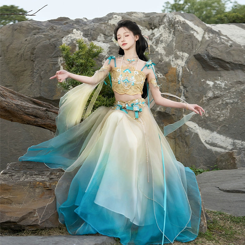 Flowing Yellow&Blue Fairy Hanfu for women with layered skirt and floral details, perfect for summer traditional wear collections.