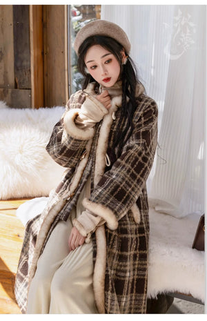 Amber Grace – Modern Hanfu Women's Autumn/Winter Set | Ming-Style Round-Collar Wool Coat with Plaid Song-Inspired Pants - Yandan_Hanfu
