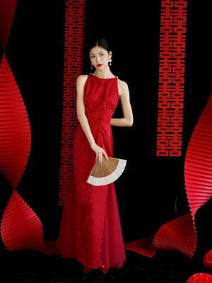 "Happy hairpin" red yarn original improved cheongsam bridal wedding dress toasting dress engagement - Yandan_Hanfu