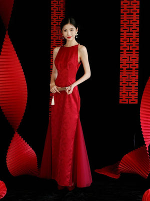 "Happy hairpin" red yarn original improved cheongsam bridal wedding dress toasting dress engagement - Yandan_Hanfu