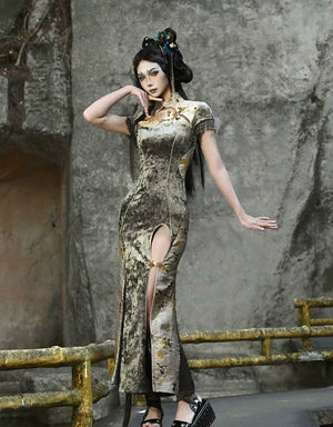 Spring Dragon Festival, Chinese national style disc buckle slim fish tail long slit cheongsam dress - Yandan_Hanfu