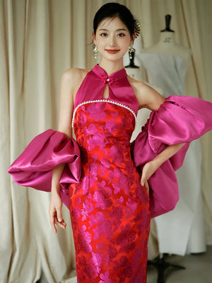 "Chuni" dragon fruit color jacquard cheongsam bride - Yandan_Hanfu