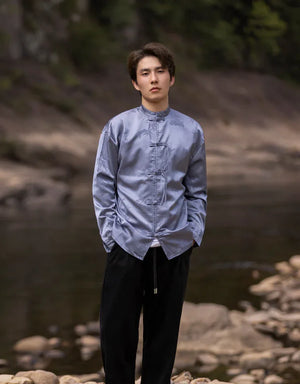 Bamboo leaf print disc buckle Tang suit men's retro Chinese style shirt - Yandan_Hanfu