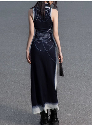 Black&white pearl knitted printed cheongsam new Chinese Y2K Spice Girl sleeveless cheongsam dress - Yandan_Hanfu