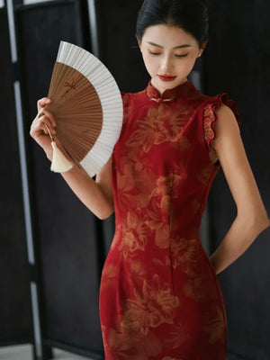 Lotus Step – Red Mermaid Qipao for Wedding, Engagement & Tea Ceremony - Yandan_Hanfu