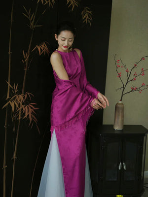 "Rose Hairpin" Dragon Fruit Color Piece Cheongsam Bridal Wedding Dress Engagement - Yandan_Hanfu
