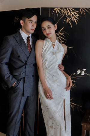 "Qianzhi" white embroidered shawl showing thin backless cheongsam bride wedding dress toast engagement - Yandan_Hanfu