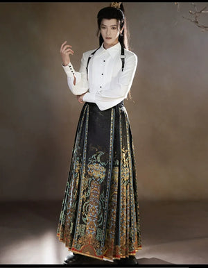 Unisex Hanfu Set – Inlaid Bronze-Inspired Brocade Horse-Face Skirt in Modern Chinese Style - Yandan_Hanfu
