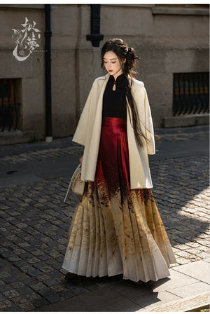 Lunar Spring River – Red Hanfu Maxi Skirt Set, New Chinese Style 6-Meter Hem Mamian Skirt with Knit Top & Wool Coat - Yandan_Hanfu