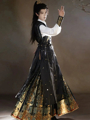 Unisex Hanfu Set – Inlaid Bronze-Inspired Brocade Horse-Face Skirt in Modern Chinese Style - Yandan_Hanfu