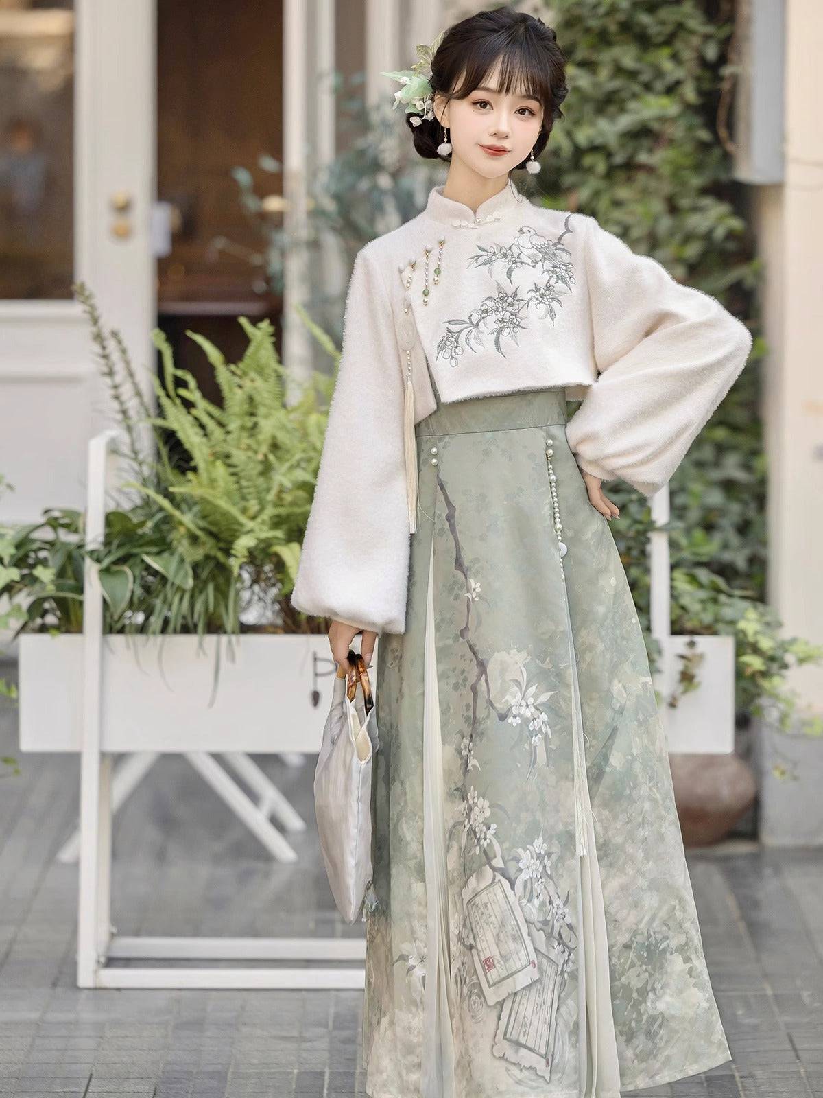 Lixiang modern Hanfu outfit with embroidered top and printed skirt, combining traditional Chinese aesthetics with contemporary style.