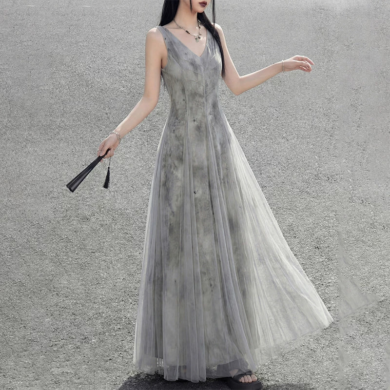 Misty rain ink mesh dress, sleeveless V-neck versatile vacation temperament skirt suspender skirt women