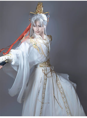 【Radiance of the Dragon】 White Hanfu Ensemble with Cross-Collar, Clouded Shoulders & Embroidered Seal men Unisex - Yandan_Hanfu