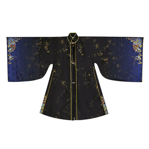 Black and blue Hanfu robe with gold accents from 2025 graduation set, featuring wide sleeves and traditional Chinese design.