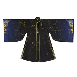 Black stand-collar Hanfu-style top with blue patterned wide sleeves