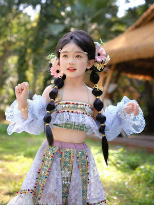 Girls Cotton Embroidery Dress with traditional Hani motifs and soft lace fabric, ideal for summer wear in kids clothing collections.