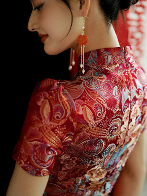Yue Xi – Red Embroidered Jacquard Qipao for Wedding, Engagement & Tea Ceremony - Yandan_Hanfu