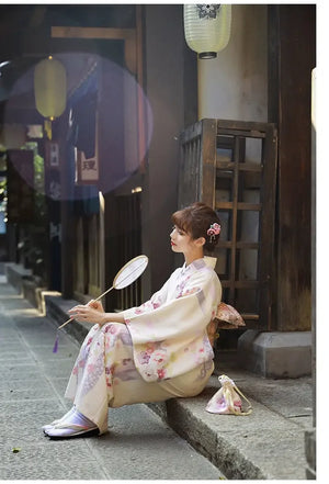 Cherry blossom season fresh and elegant beige Japanese kimono dress women's improved kimono yukata - Yandan_Hanfu