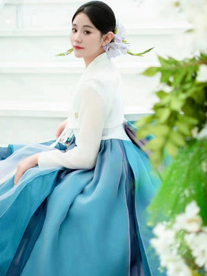 Blue hanbok princess dress with white top, indoor floral setting