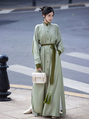 New Chinese style | Everyday stand-up collar dress shirt long skirt - Yandan_Hanfu