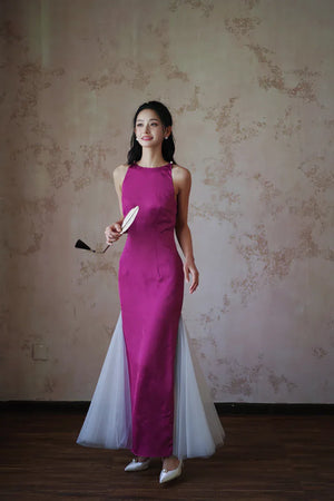 "Rose Hairpin" Dragon Fruit Color Piece Cheongsam Bridal Wedding Dress Engagement - Yandan_Hanfu