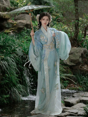 Blue Pear Blossom Moonlight – Traditional Hanfu Robe with Embroidered Jacquard Train - Yandan_Hanfu