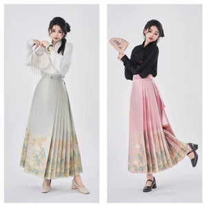 Yu Bai Green & Pink Hanfu Weaving Gold Horse Dress Crane Symphony - Yandan_Hanfu