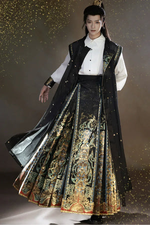 Unisex Hanfu Set – Inlaid Bronze-Inspired Brocade Horse-Face Skirt in Modern Chinese Style - Yandan_Hanfu