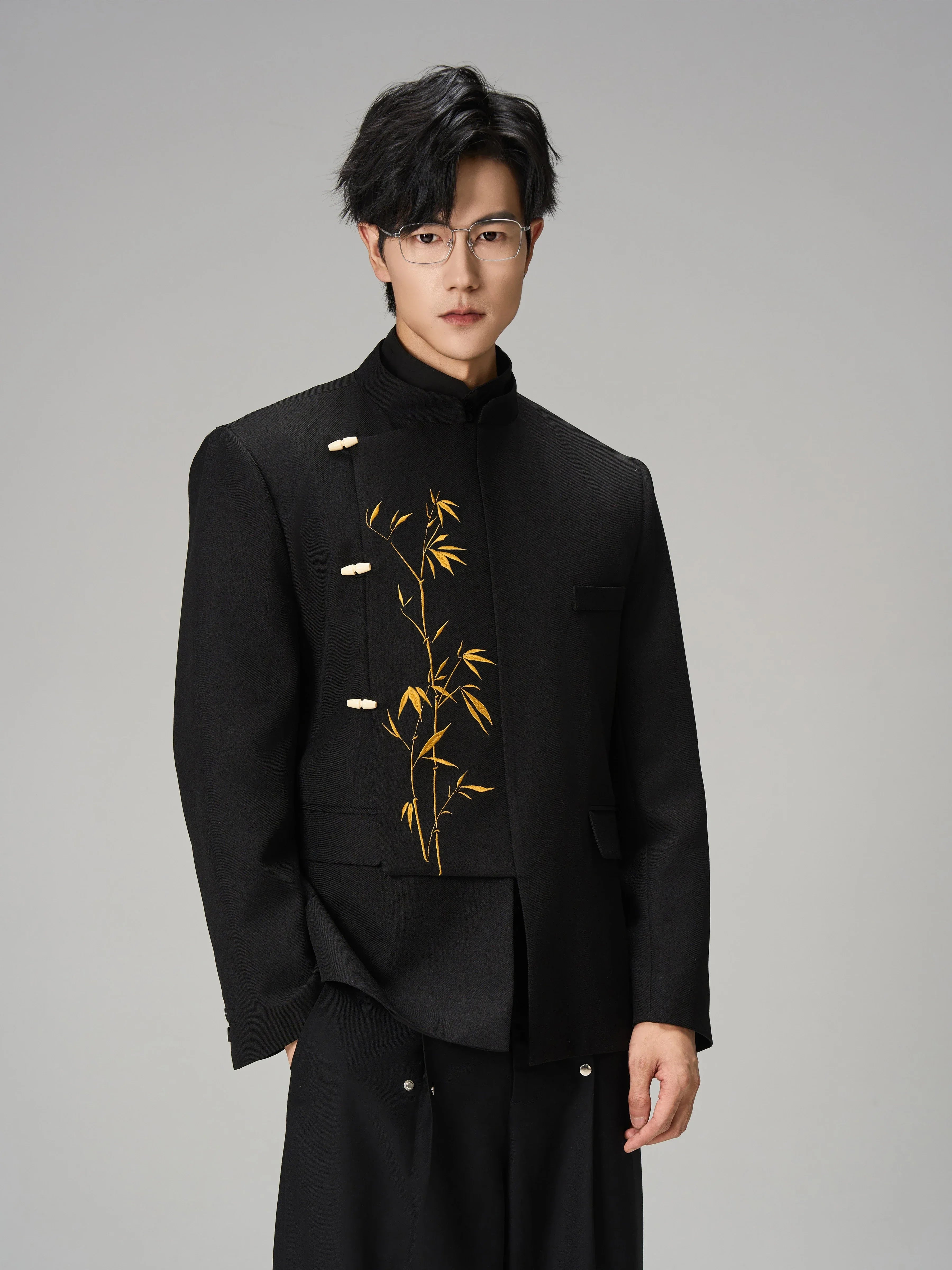 Golden Bamboo Embroidered Mandarin Blazer – Black New Chinese Unisex Jacket - Yandan_Hanfu