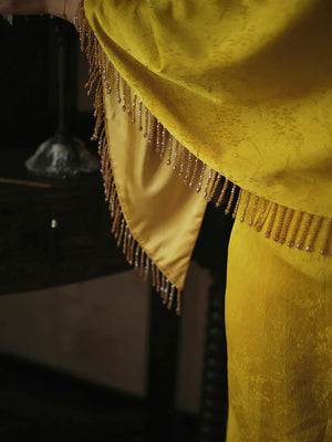 "Autumn Rhyme" Yellow Dark Pattern Cheongsam Shawl Bridal Wedding Dress Toast Dress - Yandan_Hanfu