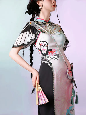 Blush Kite Qipao – Layered Faux Two-Piece Cheongsam in Modern Hanfu Style - Yandan_Hanfu