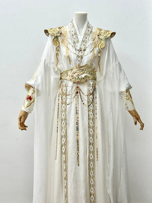【Radiance of the Dragon】 White Hanfu Ensemble with Cross-Collar, Clouded Shoulders & Embroidered Seal men Unisex - Yandan_Hanfu