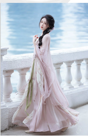 Pink Chinese style Han element dress big pendulum fish tail tattered sleeve fairy energy spring and summer suit - Yandan_Hanfu