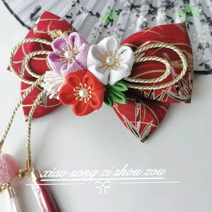 Japanese girl kimono cherry blossom hair accessories lolita orange burgundy fine work bow edge clip hairpin - Yandan_Hanfu