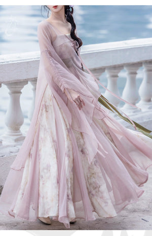 Pink Chinese style Han element dress big pendulum fish tail tattered sleeve fairy energy spring and summer suit - Yandan_Hanfu