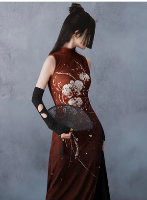 Scarlet Orchid – High-Slit Qipao Dress | Red Mandarin Collar New Chinese Style Slim Fit Gown - Yandan_Hanfu