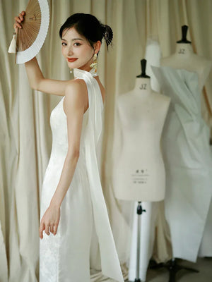 "Pianrou" White Jacquard Ribbon Morning Gown Knot Bridal Toast Dress Engagement Banquet Bar Mitzvah - Yandan_Hanfu