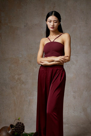 Wine red tencel crop top & wide pants, dance outfit