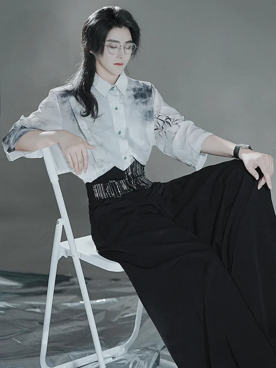 Clivia ink shirt Chinese fashion new Chinese element pants summer suit - Yandan_Hanfu