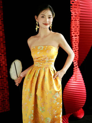 "Yunjing" yellow jacquard pregnant woman cheongsam bride toast dress - Yandan_Hanfu