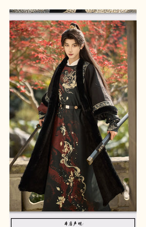 Golden Fish Over the Desert – Tang-Inspired Round Collar Hanfu Coat with Plush Fur Trim (Unisex Winter Set) - Yandan_Hanfu