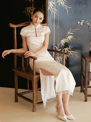 "Xi Zhu" White Dark Pattern Tassel Shawl Cheongsam Bride Wedding Dress Engagement - Yandan_Hanfu