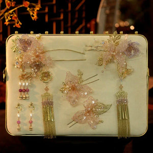 Blush Pink Chinese Bridal Hairpin Set – Handmade Floral Headpiece for Hanfu & Qipao Wedding Look - Yandan_Hanfu