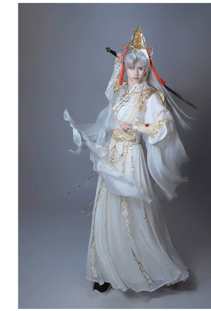 【Radiance of the Dragon】 White Hanfu Ensemble with Cross-Collar, Clouded Shoulders & Embroidered Seal men Unisex - Yandan_Hanfu