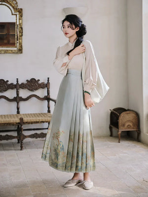 Yu Bai Green & Pink Hanfu Weaving Gold Horse Dress Crane Symphony - Yandan_Hanfu